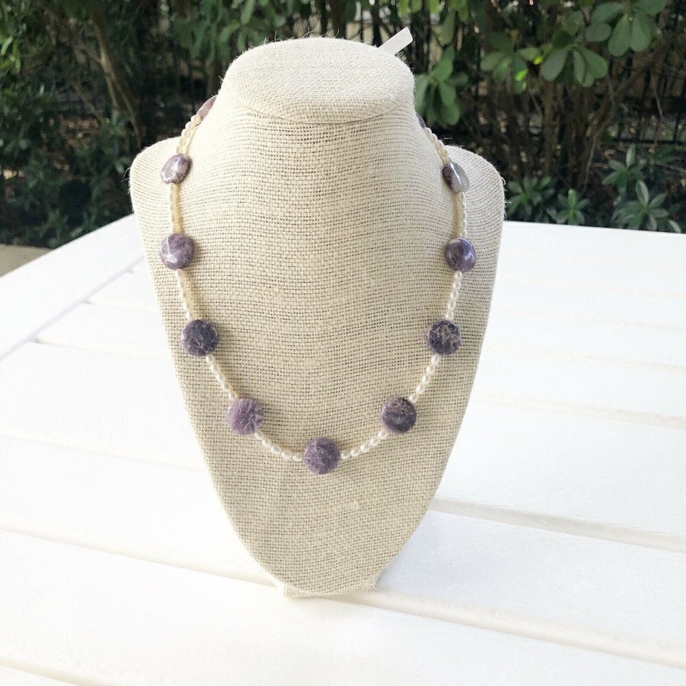 NWT Genuine Charoite & Pearl Beaded Necklace Purple White